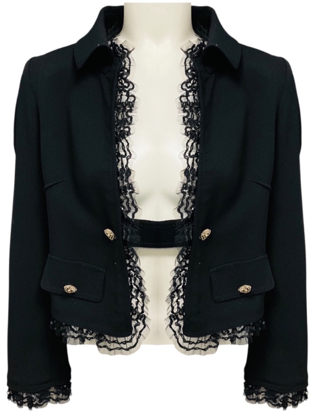 DOLCE & GABBANA BLACK SEQUINED MESH TULLE LACE TRIMMED CROPPED WOOL CREPE JACKET - Picture 1 of 5